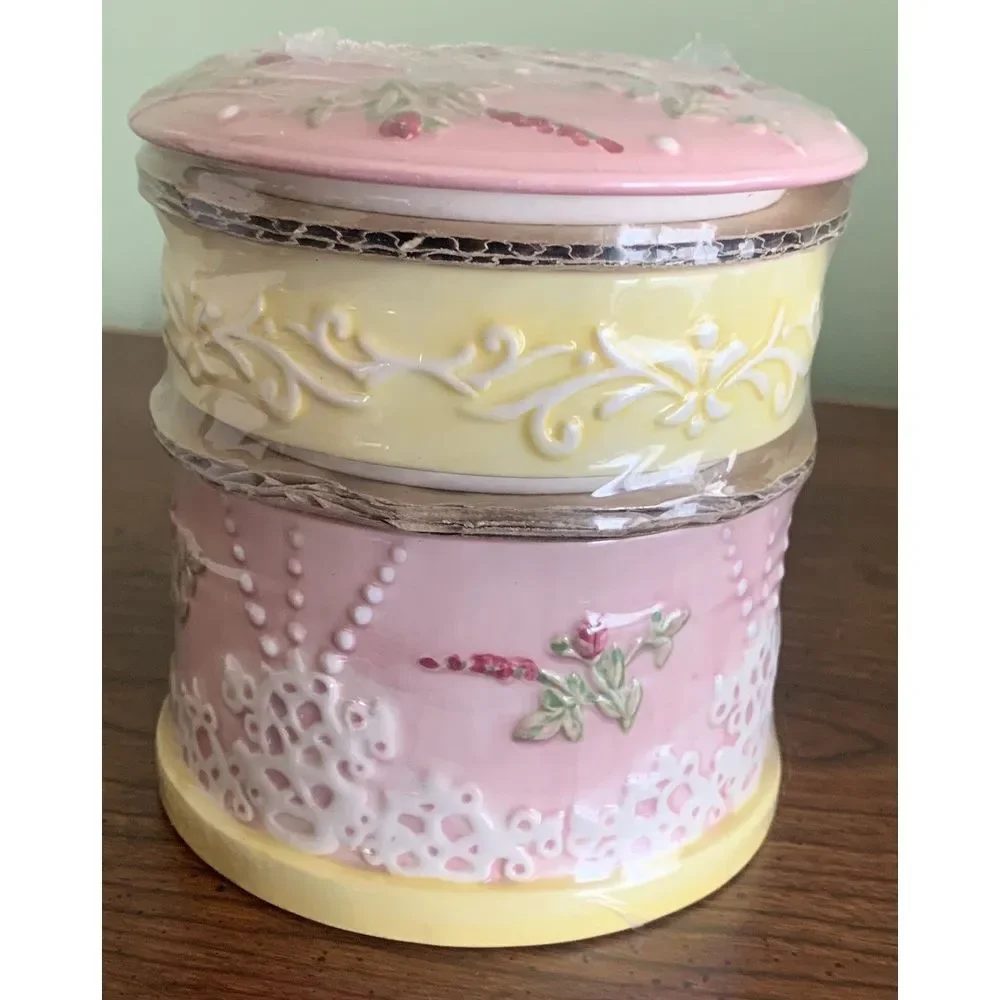 Trinket Dish Covered 2 Parts Pink & Yellow‎ Dresser Ceramic 3.5